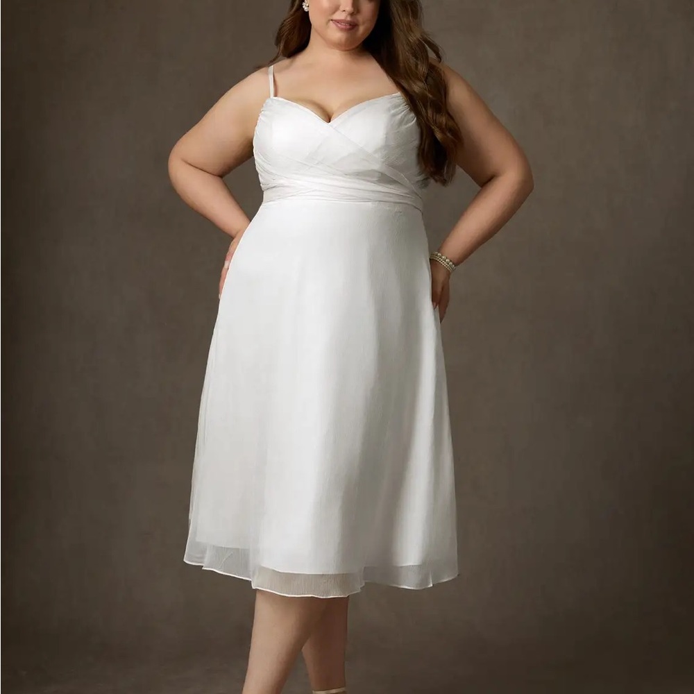Azazie Kali-Diamond White A-Line V-Neck Pleated Crinkle Chiffon Dress